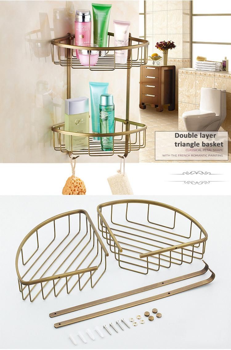 Antique Brass Wall Mounted Towel Shelf Double Tiers Towel Holder