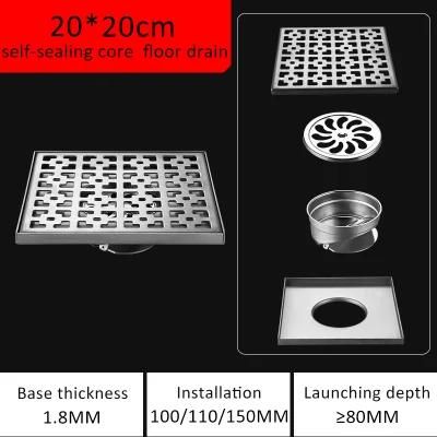 304 Stainless Steel 20*20cm Large Floor Drain Public Bathroom Balcony Shower Room Project Large Discharge Odor Proof Floor Drain