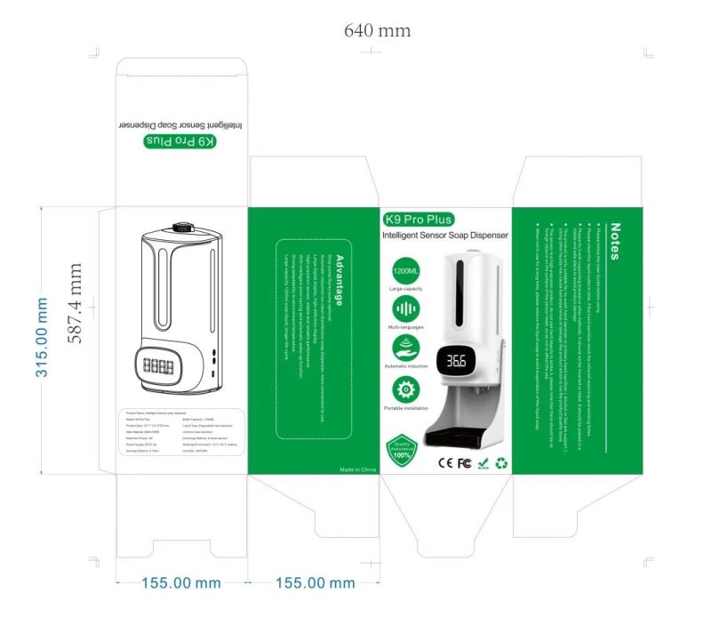 1200ml K9 PRO Plus 15 Languages Hand Sanitizer Smart Automatic Soap Dispenser with Therometer