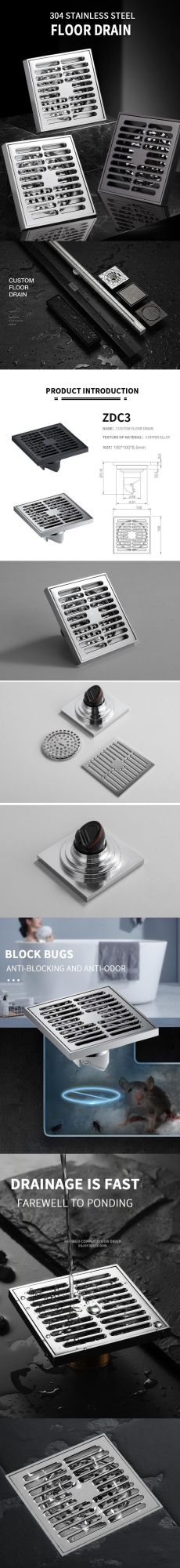 Square Stainless Steel Rustproof Bathroom Hotel Shower Floor Drain