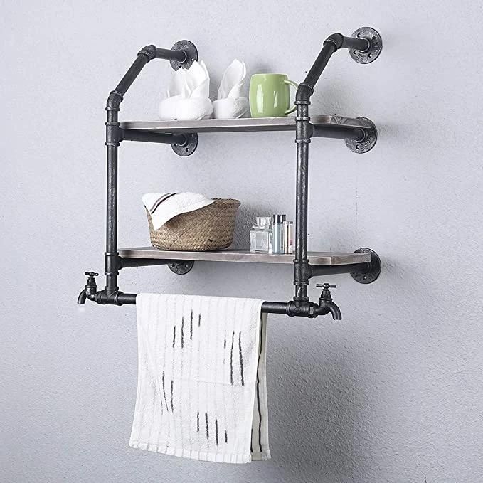 Industrial Pipe Towel Bar Fixture 1/2 Inch Floor Flange Black Pipe Fittings Three-in-One Home Decoration