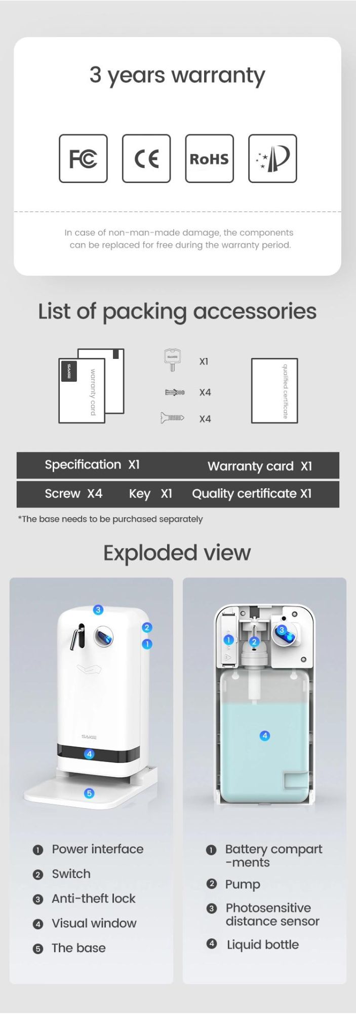 Saige 1800ml Wall Mounted Automatic Sensor Liquid Soap Dispenser