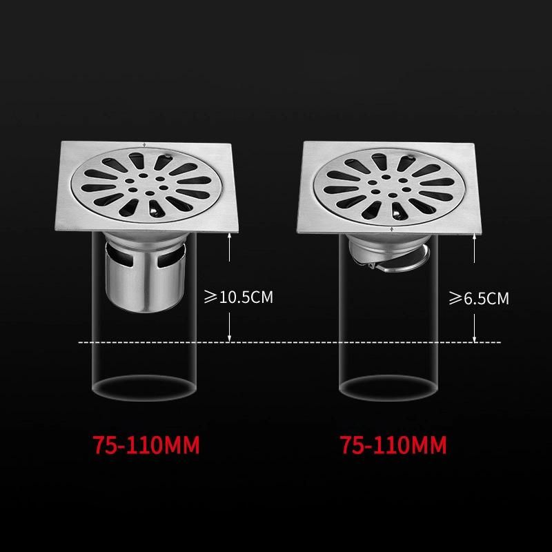 4 Inch 201 Stainless Steel Floor Drain Balcony DN75 Deodorant Floor Drain 12*12cm Deep Water Sealing Large Displacement Floor Drain