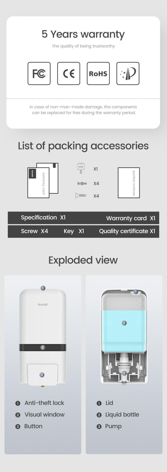 Saige High Quality ABS Plastic Wall Mounted 2000ml Manual Hand Sanitizer Soap Dispenser Factory