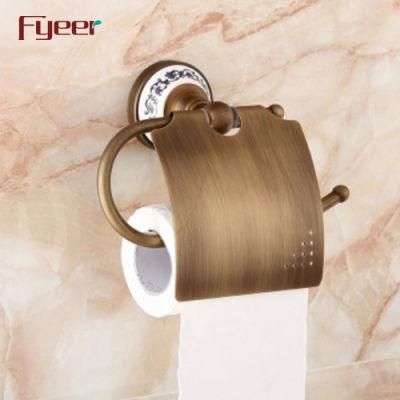 Fyeer Bathroom Accessory Antique Brass Toilet Paper Holder with Ceramic Base