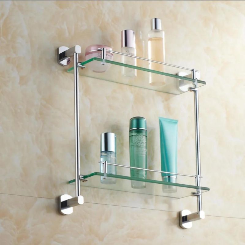 Tempered Glass Bathroom Shelf Wall Mounted Double Towel Rack