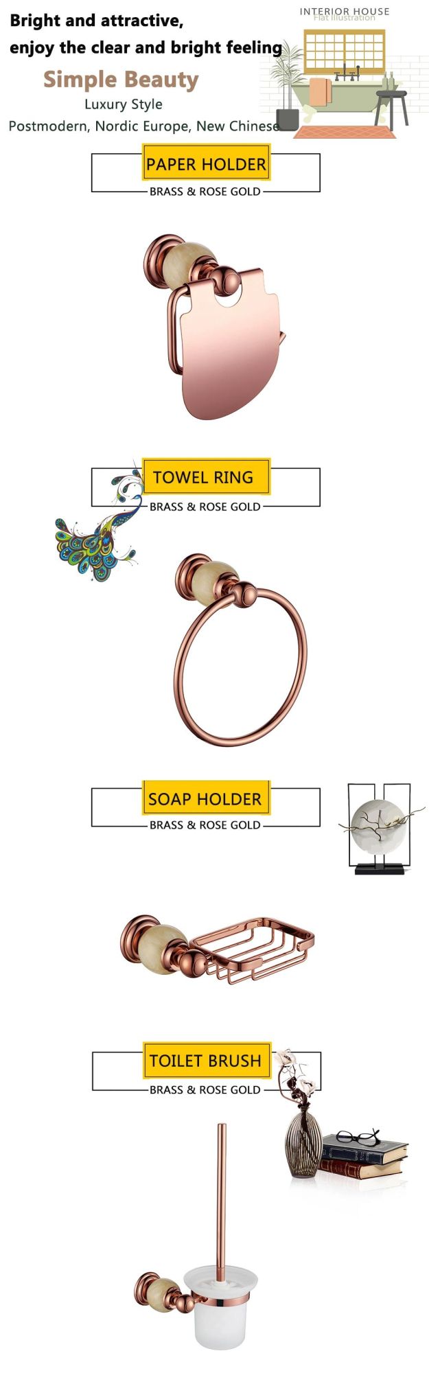 Rose Gold Bathroom Accessories Set Towel Bar Towel Ring Paper Holder