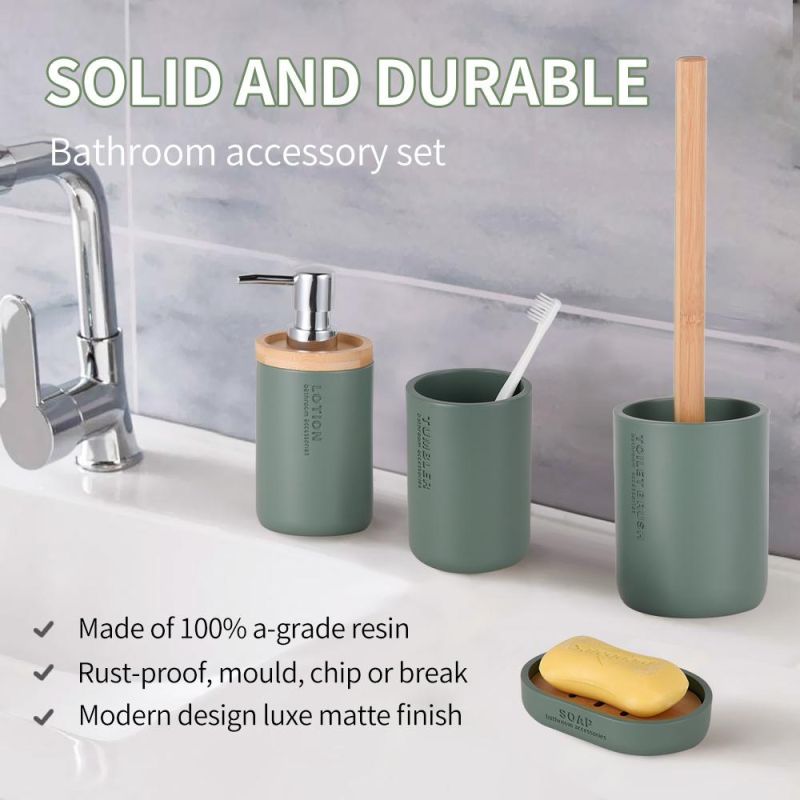 Modern Designed Polyresin with Bamboo 6-Piece Bathroom Accessories Set Shower Toilet Accessories
