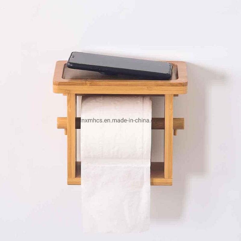 Bathroom Roll Paper Holder Rack Storage Holder Bamboo Wall Mounted Toilet Paper Holder with Phone Shelf