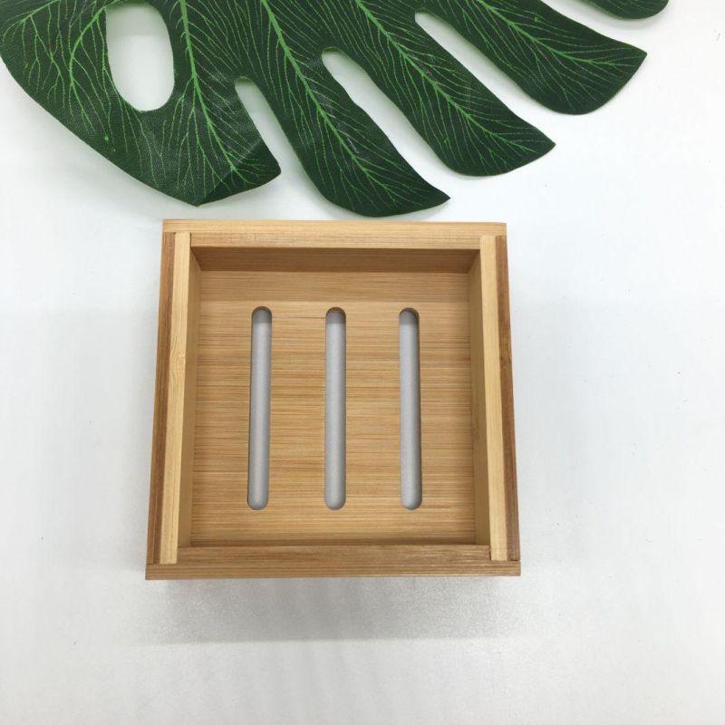 Custom Logo Natural Bamboo Soap Dish Box with Case Lid & Drain Holder