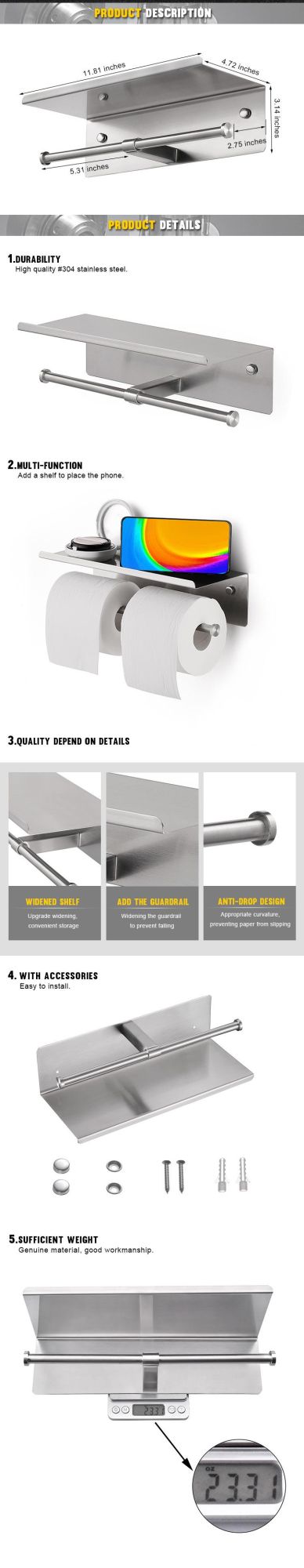 2020 New Design Double Toilet Tissue Paper Holder with Shelf