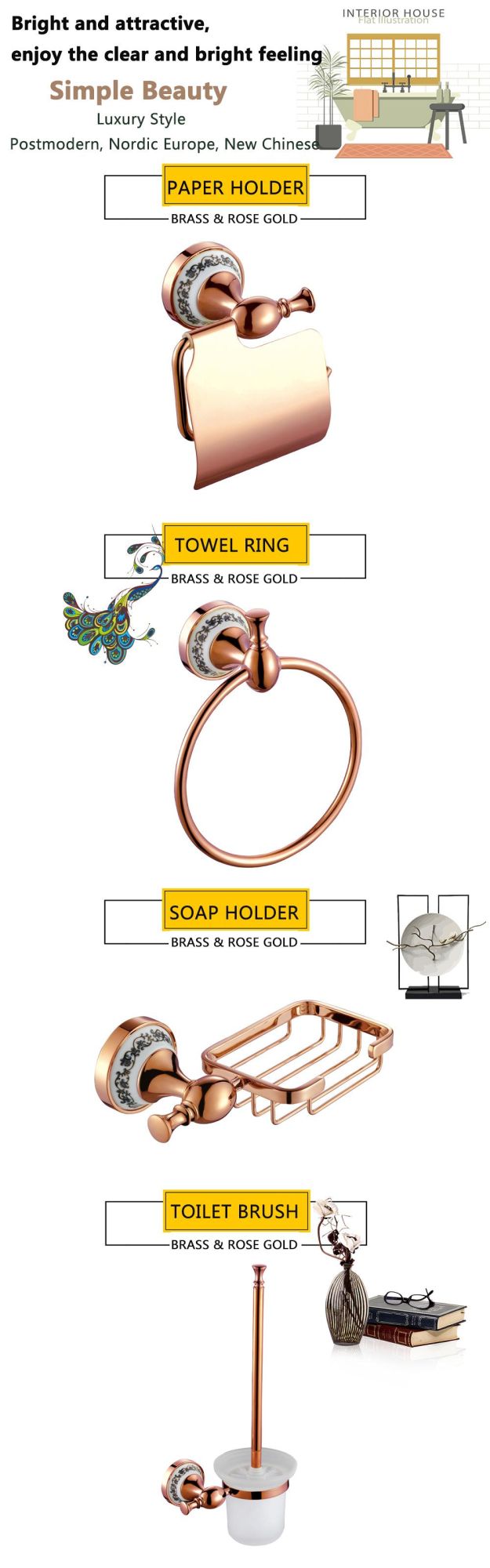 Toilet Decoration Bathroom Accessories Set Rose Gold Paper Holder