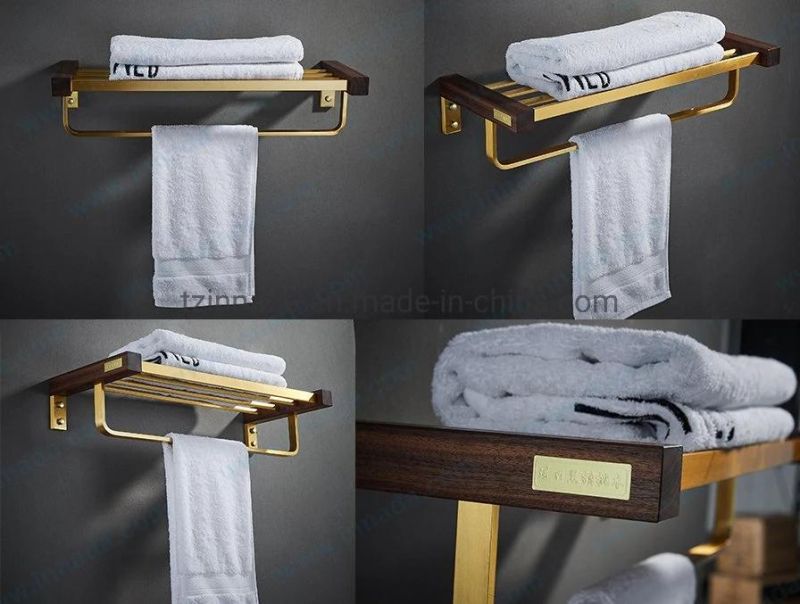 Wall Mounted Walnut Aluminum Bathroom Accessories Brushed Gold Towel Shelf (NC7808)