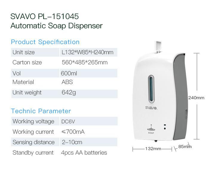 Svavo 600ml Wall Mounted Plastic Automatic Alcohol Hand Sanitizer Gel Dispenser