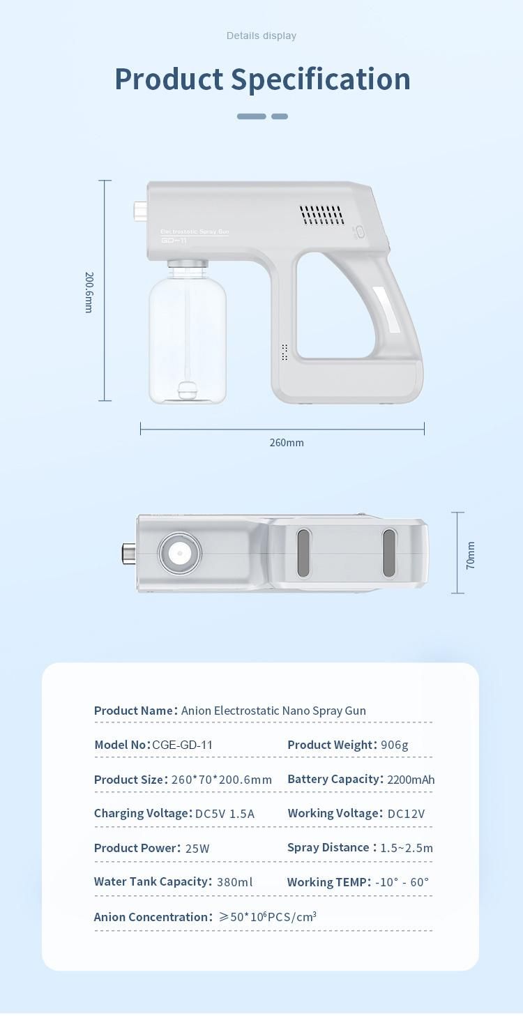 Portable Rechargeable 2m Range Electrostatic Sanitizing Gun Wireless Disinfection Spray Gun