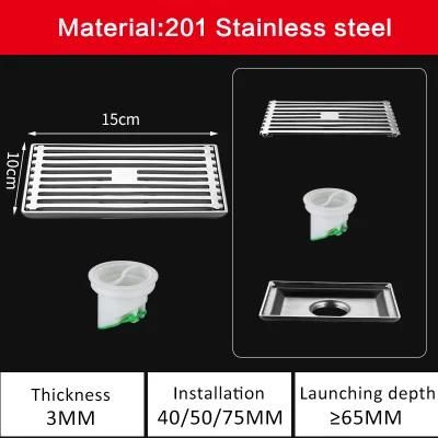 15*10cm Villa Bathroom DN50 201 Solid Stainless Steel Long Strip Floor Drain Toilet Shower Room Rectangular Odor Proof Floor Drain