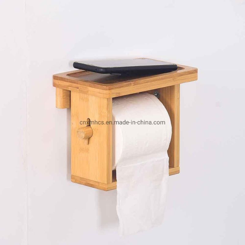 Bathroom Roll Paper Holder Rack Storage Holder Bamboo Wall Mounted Toilet Paper Holder with Phone Shelf