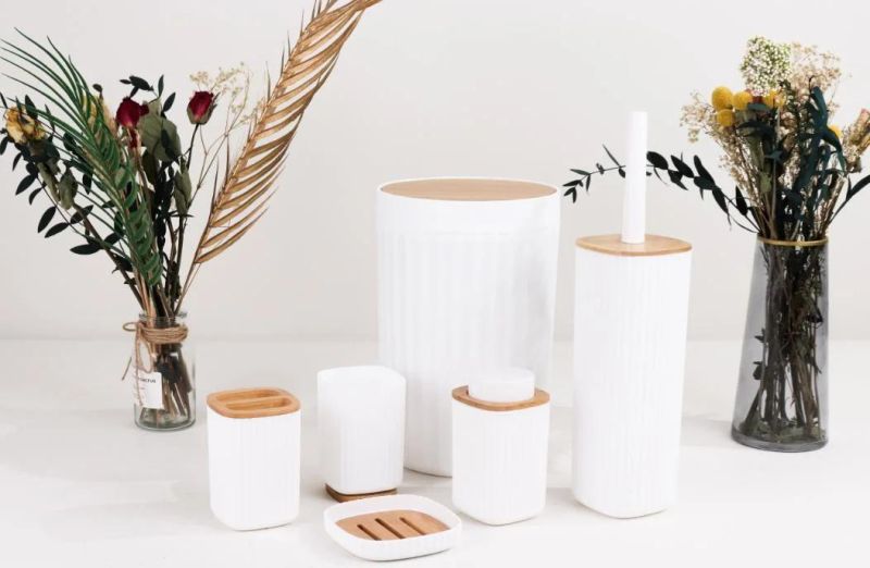 Eco-Friendly Six-Pieces Household White Bamboo and Plastic Hotel Bathroom Accessories