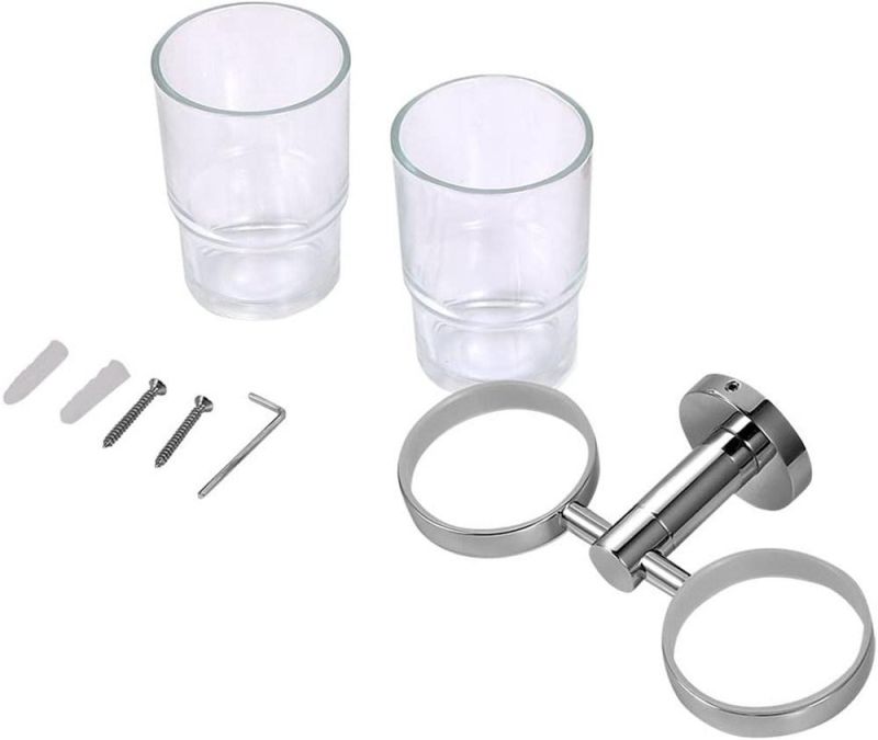 Flat Base Glass Double Toothbrush Holder with Frosted Glass Cup Set