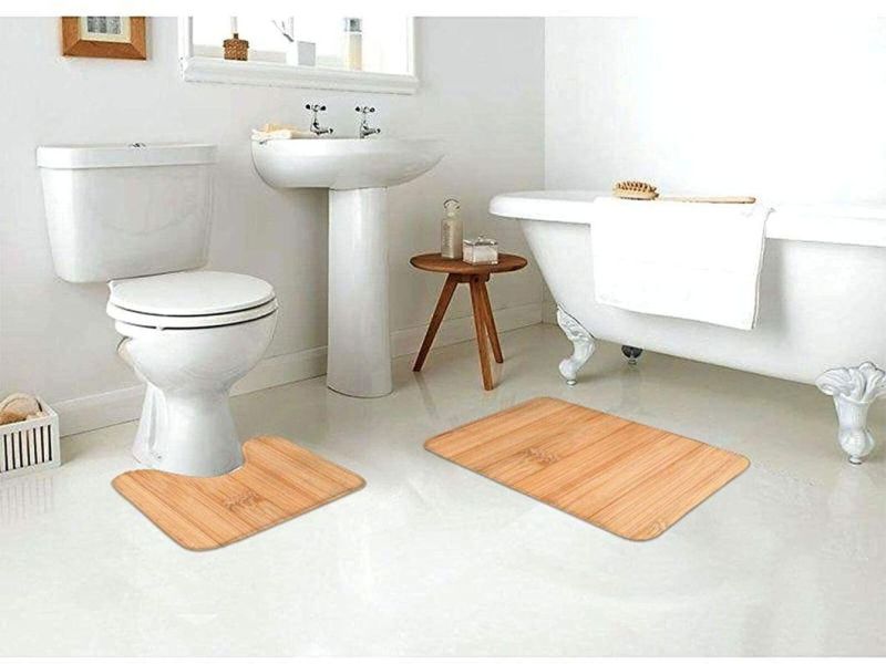Bamboo Wood Bath Mat 2 Piece Set Bathroom Carpet Set Soft Bath Mat + Contour Pads, Absorbent Carpet Bath and Mat Anti-Slip Pads Set