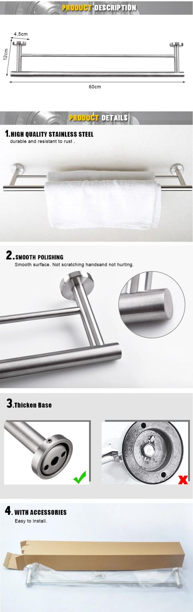 Magnetic Adhesive Stainless Steel No Drill Hotel Towel Rack