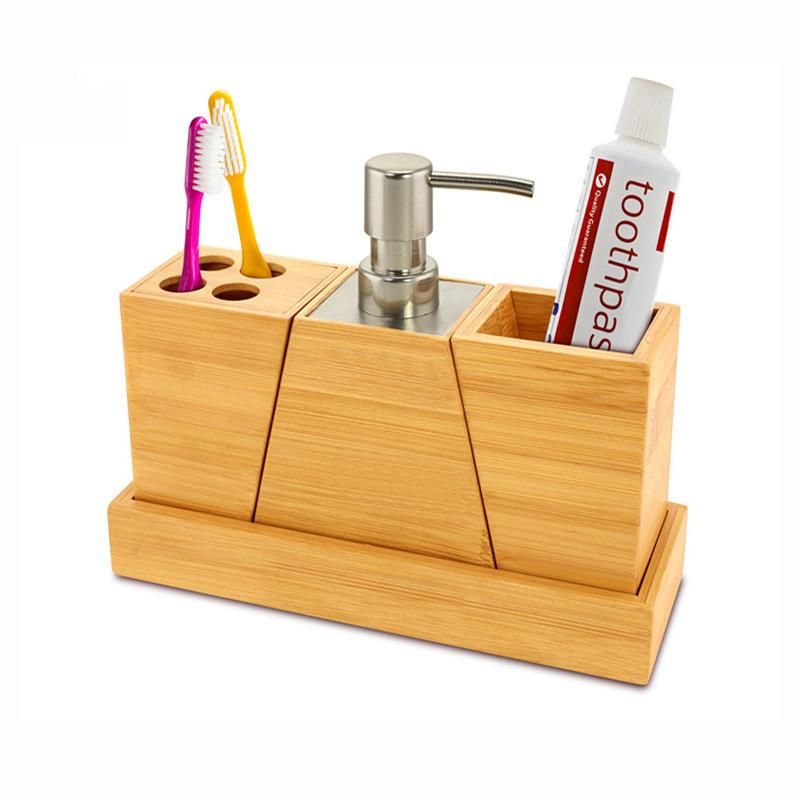 3PCS Bamboo Bathroom Accessories Set with Toothbrush Holder and Tray