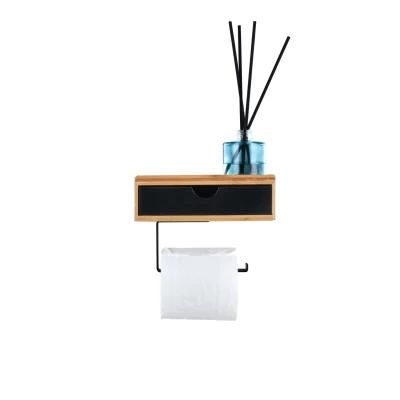 Wall Mounted Wooden Metal Black Toilet Paper Holder Self Adhesive with Shelf