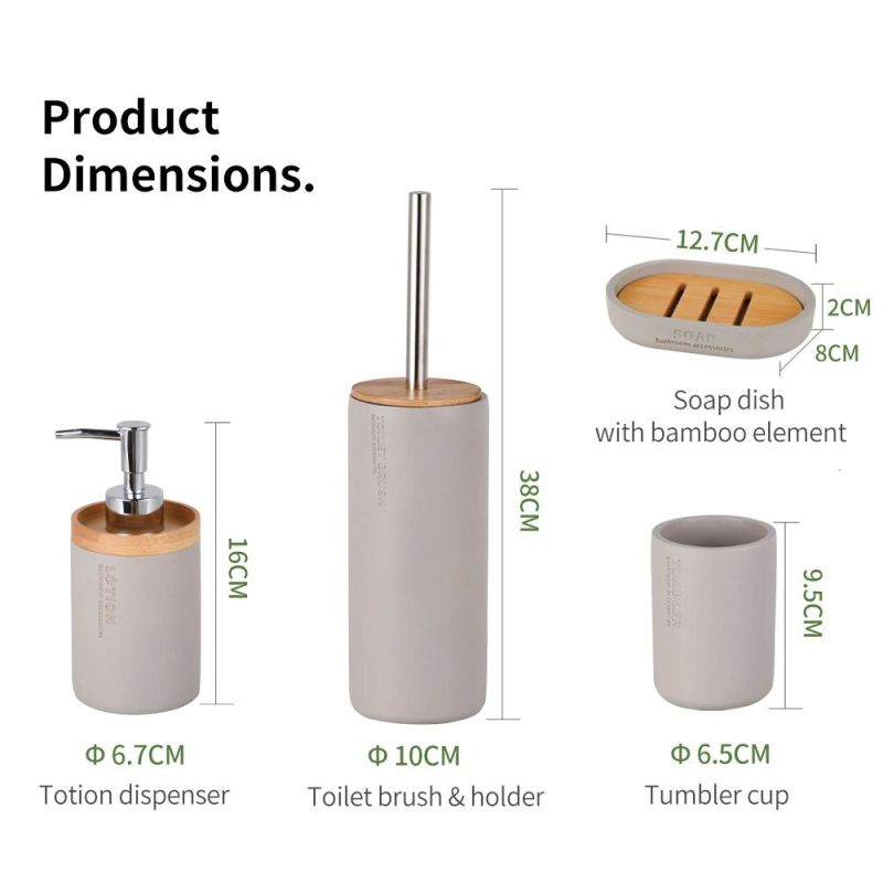 Modern Design Toilet 4 Piece Polyresin Bathroom Accessories Set with Toilet Brush Soap Dispenser Tumbler Tray