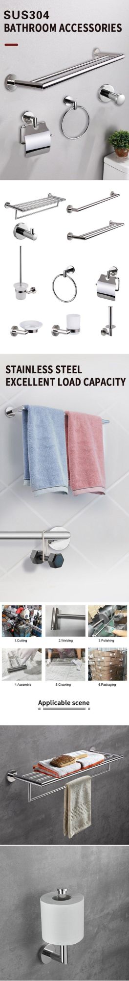 Stainless Steel 304 Wall Mounted Bathroom Accessory Set Towel Bar Towel Holder Robe Hook Toilet Paper Holder