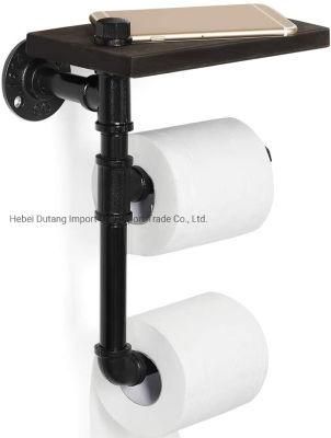 Pipe Toilet Paper Holder with Wooden Shelf Decoration Industrial Design