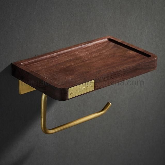 Modern Stainless Steel Wall Mount Walnut Wooden Aluminum Toilet Tissue Paper Roll Holder (MC003-C1)