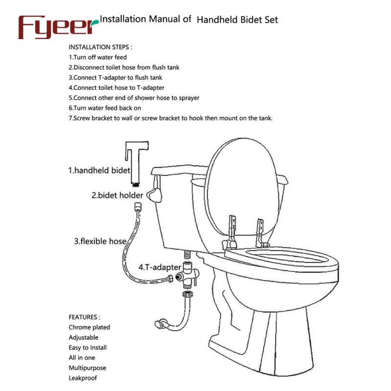 Fyeer Solid Brass Square Body Chrome Plated Bathroom Toilet Shattaf Bidet Spray Set