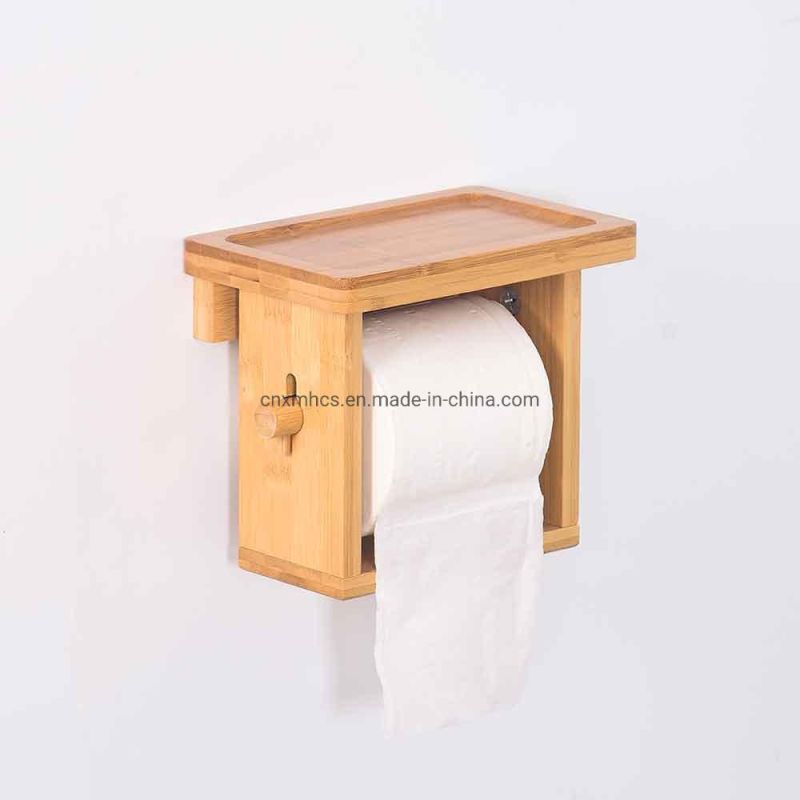 Bathroom Roll Paper Holder Rack Storage Holder Bamboo Wall Mounted Toilet Paper Holder with Phone Shelf