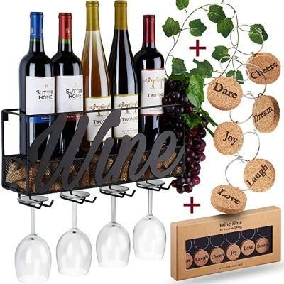 Wall Mounted Wine Rack - Bottle &amp; Glass Holder - Cork Storage - Store Red, White, Champagne - Comes with 6 Cork Wine Charms - Home &amp; Kitchen