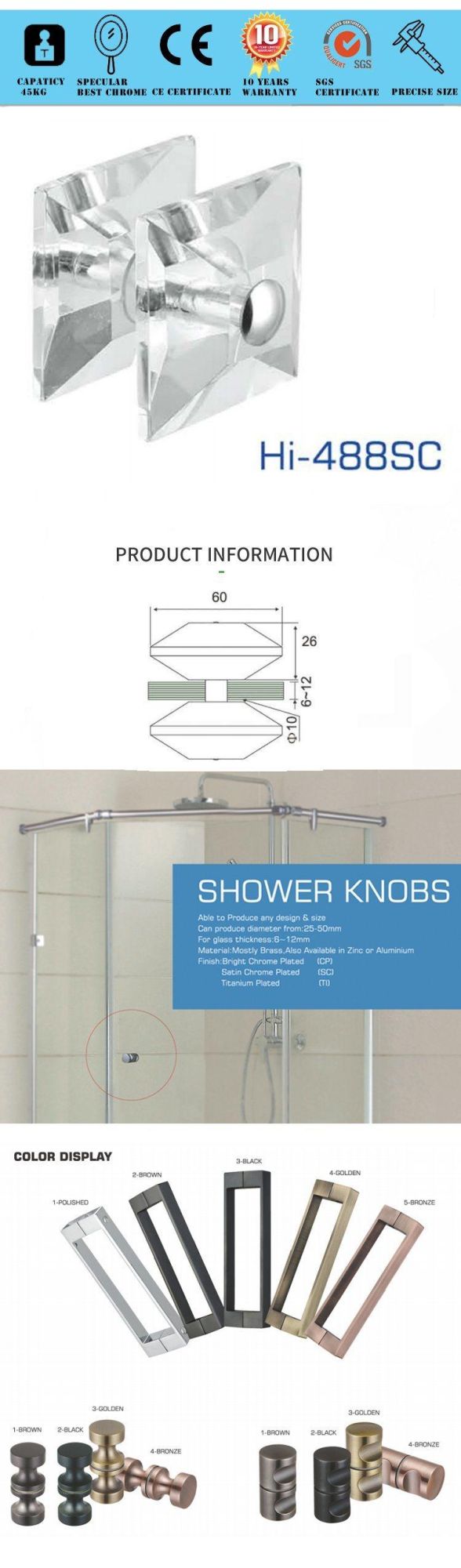 Hi-488sc Stainless Steel Handle Glass Door Shower Knob