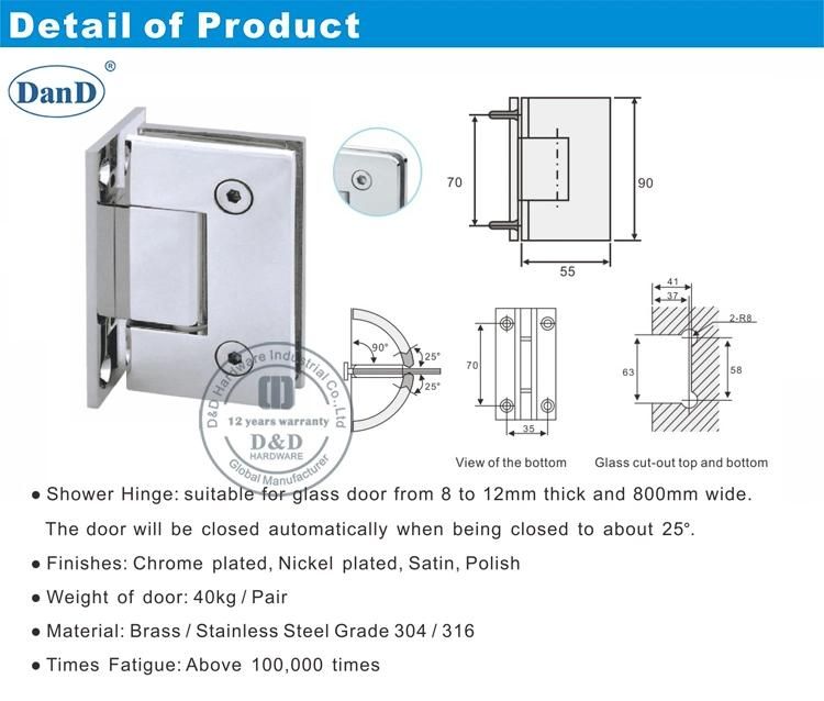 European Stainless Steel 90 Degree Frameless Heavy Duty Bathromm Spring Adjustable Glass Door Hardware Fitting Brass Types Pivot Glass to Shower Glass Hinge