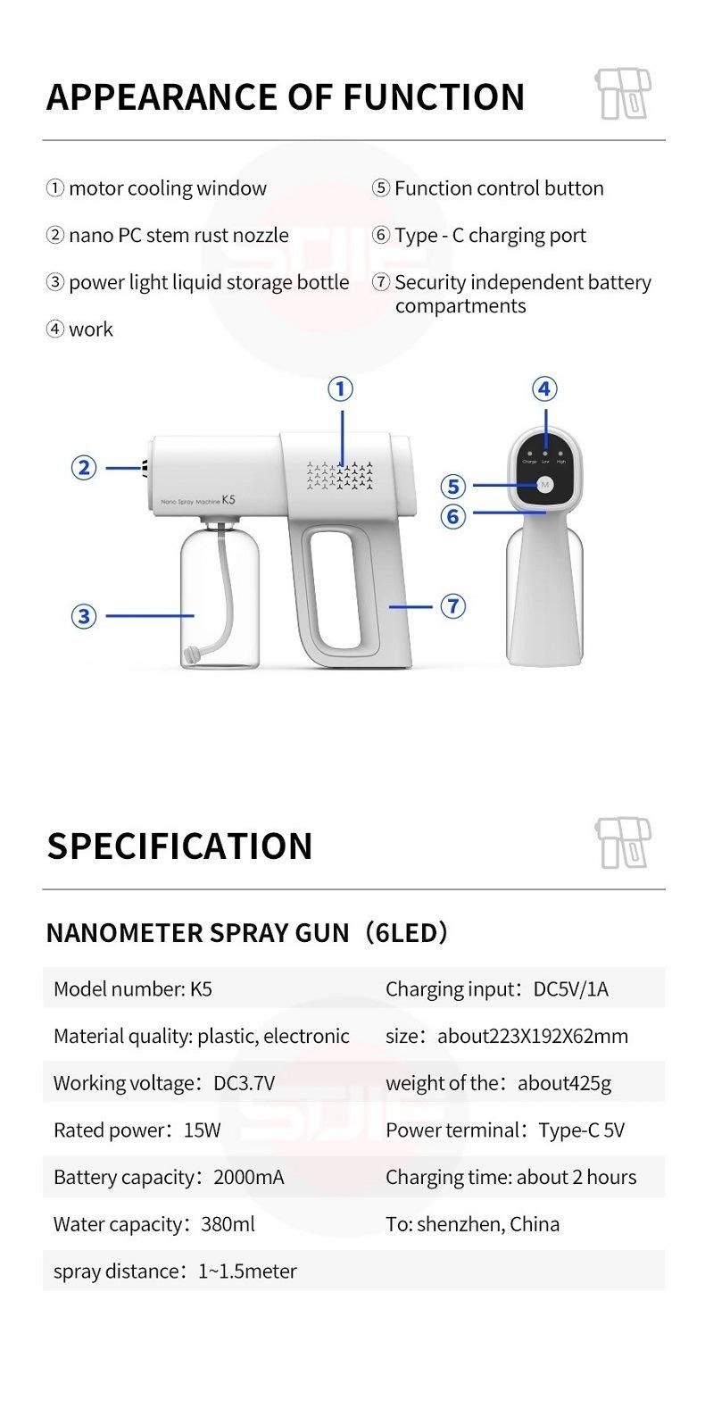 K5 Smart Spray Gun Handheld Wireless Atomizer Fogging Machine Bluelight Nano Spray Machine Gun Disinfection Gun