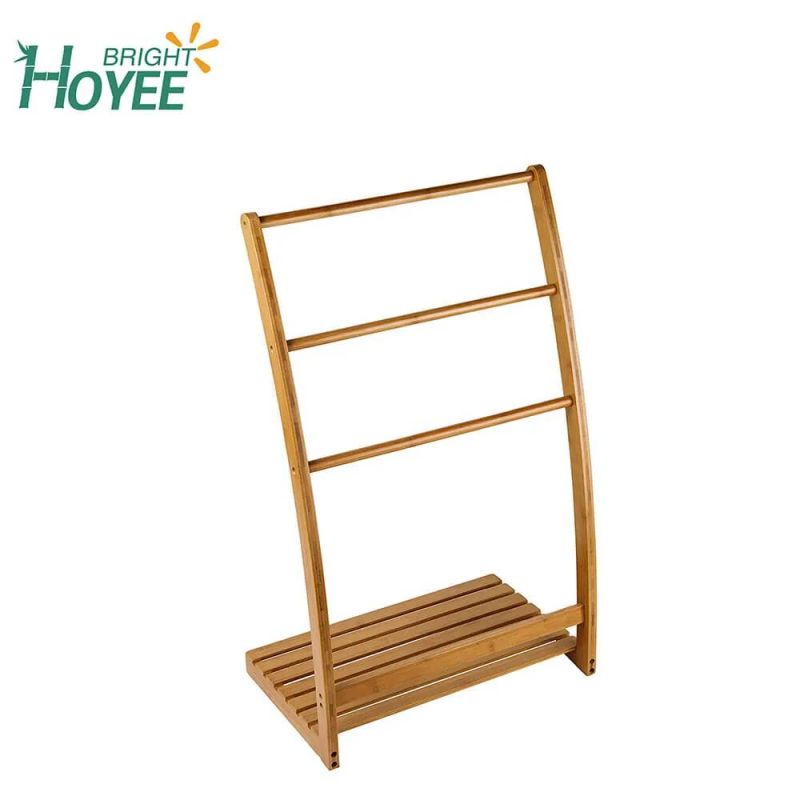 Freestanding Bamboo 3-Bar Towel Rack with Shelf Natural Durability Water Resistance