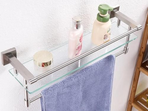 Stainless Steel 304 Tempered Glass Bathroom Shelf with Towel Bar