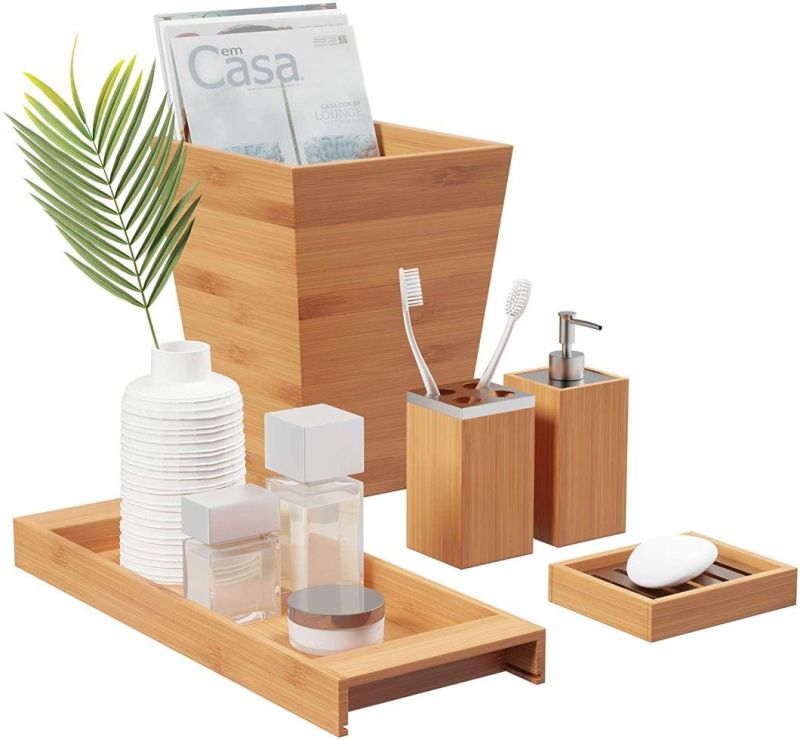 Lavish Home Bamboo Bath Accessories-5-Piece Set Natural Wood Tray Lotion Dispenser, Soap Dish, Toothbrush Holder, Wastebasket-Bathroom and Vanity
