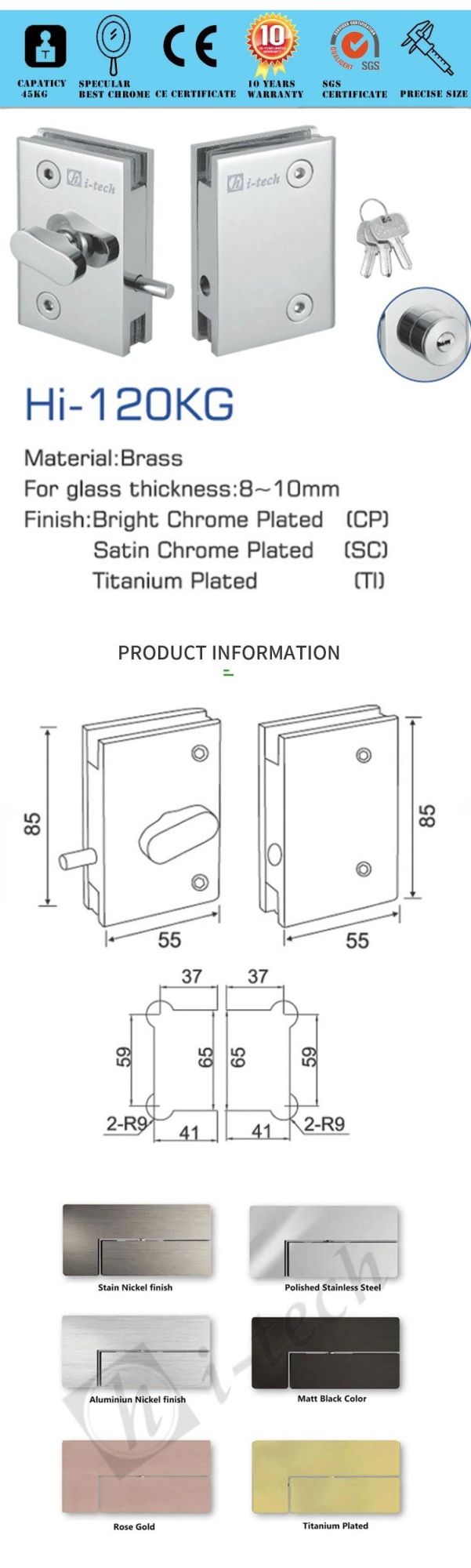 Hi-120kg Stainless Steel Glass Hardware Door Lock