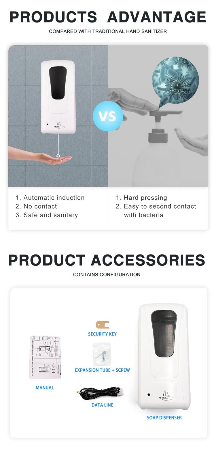 1000ml Touch Free Automatic Refill Alchohol Gel Foam Non-Touch Hands Sanitizer Dispenser Floor Stand Touchless Wall Mounted Liquid Soap Dispenser