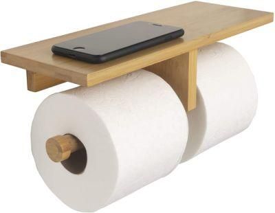 Natural Bamboo Double Dual Toilet Paper Holder with Convenience Shelf Tray