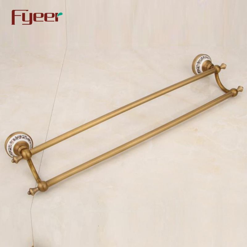 Fyeer Antique Brass Double Towel Bar with Ceramic Base