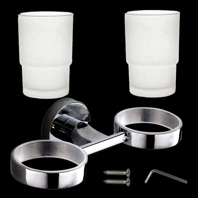 Flat Base Glass Double Toothbrush Holder with Frosted Glass Cup Set