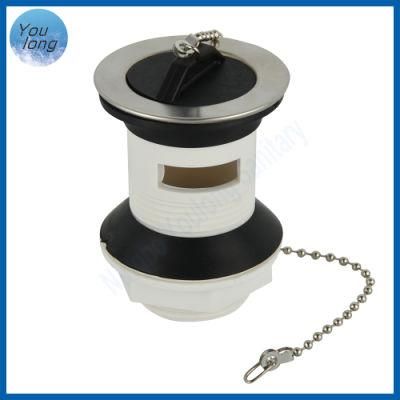 Slotted White Plastic Basin Waste with Black Plastic Plug &amp; Chain