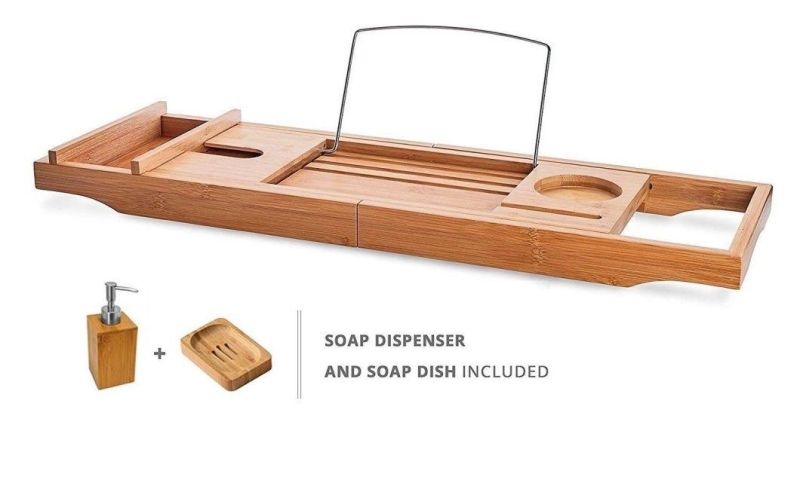 Bathtub Caddy Tray with Bamboo Wood Book Tablet Glass Holder Free Soap Dish+Dispenserbt-6027