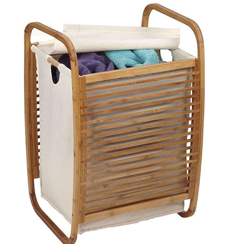 Bamboo Storage Shelf, Laundry Hamper with Dresser Sliding Cloth Fabric for Bedroom and Entryway