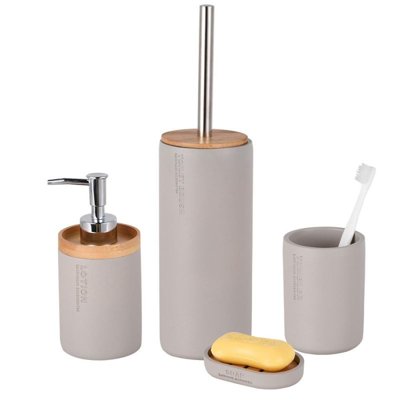 Factory Price Marble Effect 4PCS Polyresin Modern Bathroom Accessories Set with Wooden Cover