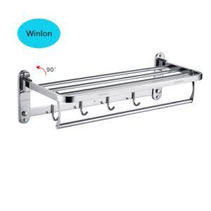 Popular 304 Stainless Steel Foldable Bathroom Towel Shelf with 5 Clothes Hooks
